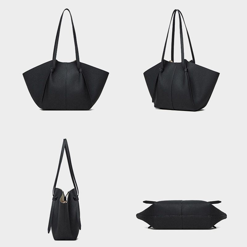 slouchy leather tote bag multiple views front side and top design overview