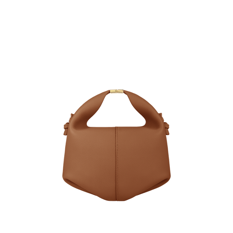 small leather dumpling bag in brown with structured silhouette and top handle