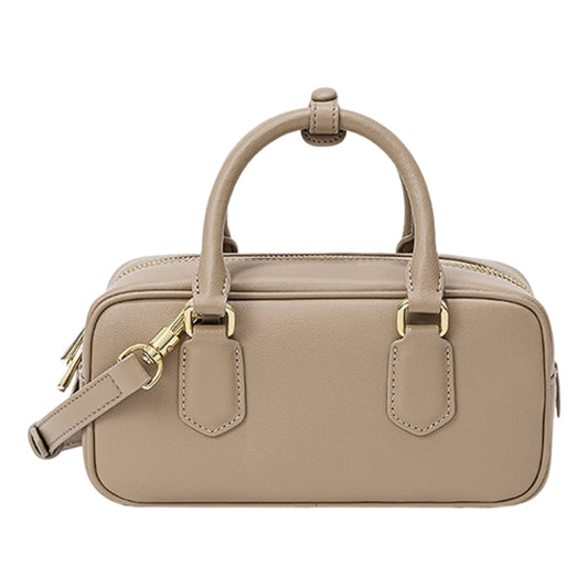 small leather handbag with zipper structured beige genuine leather compact bag front view