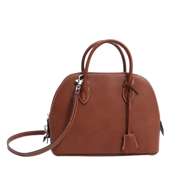small leather top handle bag in brown genuine leather