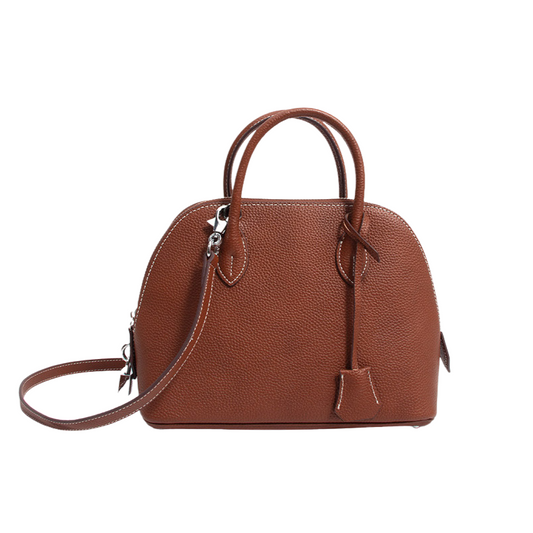 small leather top handle bag in brown genuine leather