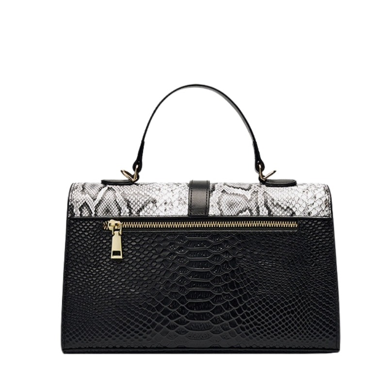 small structured handbag with flap closure and gold lock detail black leather