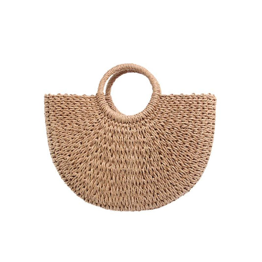 straw woven tote bag for summer use displayed from the front