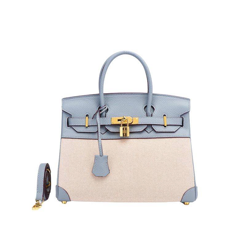 structured top handle bag in light blue leather canvas with contrast trim