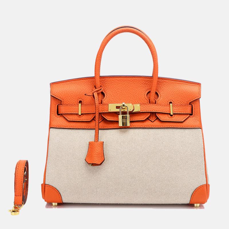structured top handle bag orange front view with canvas contrast