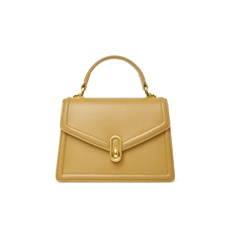 tan leather top handle bag minimalist structured handbag with gold closure