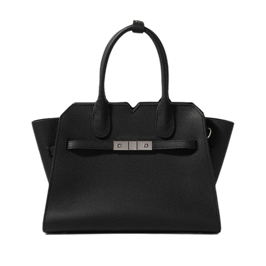 top handle bag with zipper black leather front view structured design