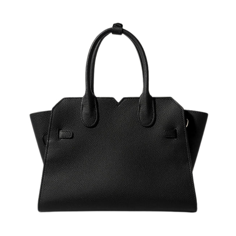 top handle handbag with zipper black leather back view minimal style