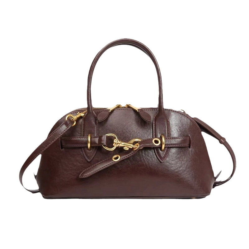 vintage leather handbag brown front view gold hardware detail