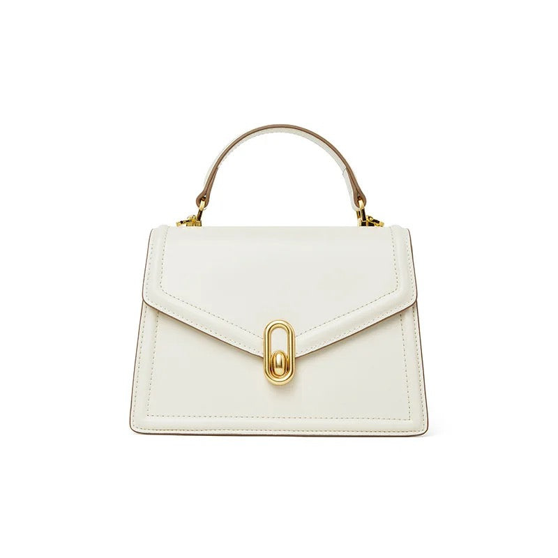 white genuine leather top handle bag with gold magnetic closure minimalist structured handbag