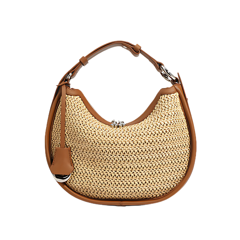 woven crescent bag with genuine leather trim in golden brown