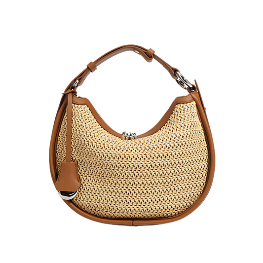 woven crescent bag with genuine leather trim in golden brown