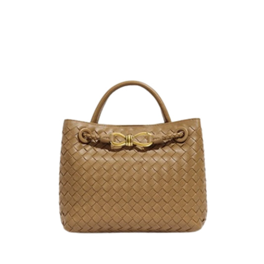 woven leather tote bag brown with rope buckle top handle elegant design