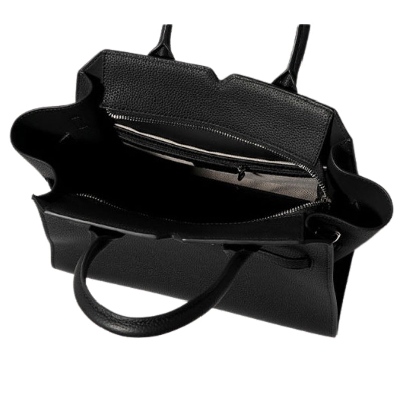 zipper top handle bag interior compartments black leather organization